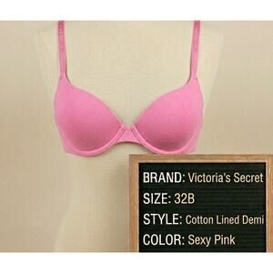 Victoria's Secret Cotton Lined Demi Bra 32B Sexy Pink EUC Spellout Logo Straps
